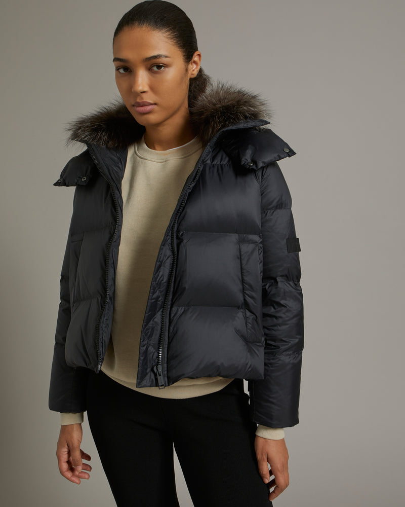 Short "A" line down jacket in water-repellent technical fabric with fox fur collar - black - Yves Salomon