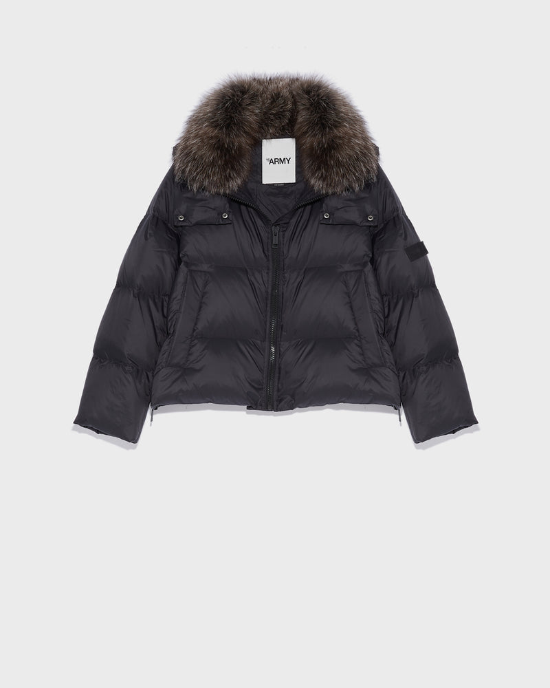 Short "A" line down jacket in water-repellent technical fabric with fox fur collar - black - Yves Salomon