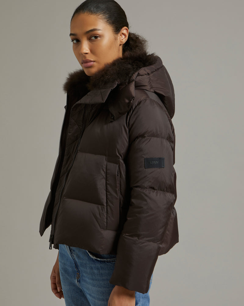 Short "A" line down jacket in water-repellent technical fabric with fluffy lambswool collar