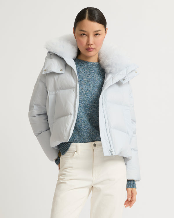 Short "A" line down jacket in water-repellent technical fabric with fluffy lambswool collar-Yves Salomon-Winter sale & boxing day