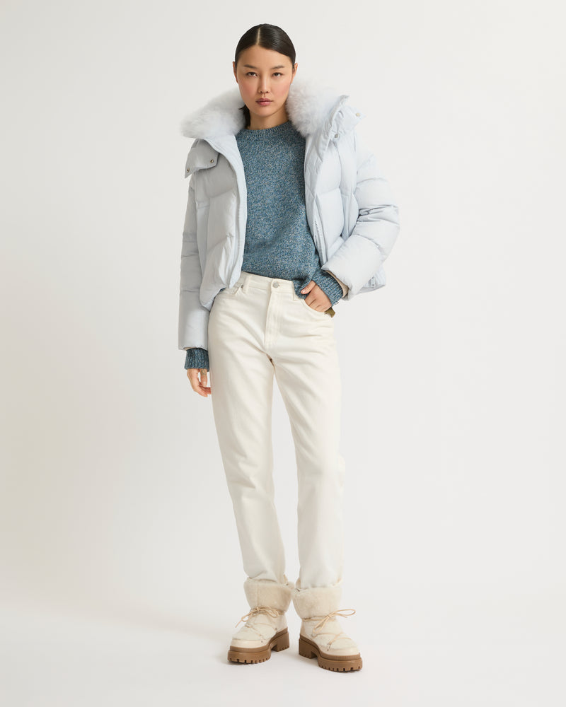 Short "A" line down jacket in water-repellent technical fabric with fluffy lambswool collar-Yves Salomon-Winter sale & boxing day