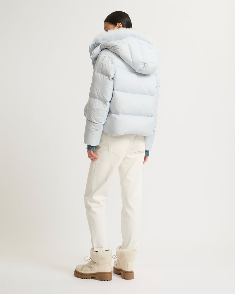 Short "A" line down jacket in water-repellent technical fabric with fluffy lambswool collar-Yves Salomon-Winter sale & boxing day