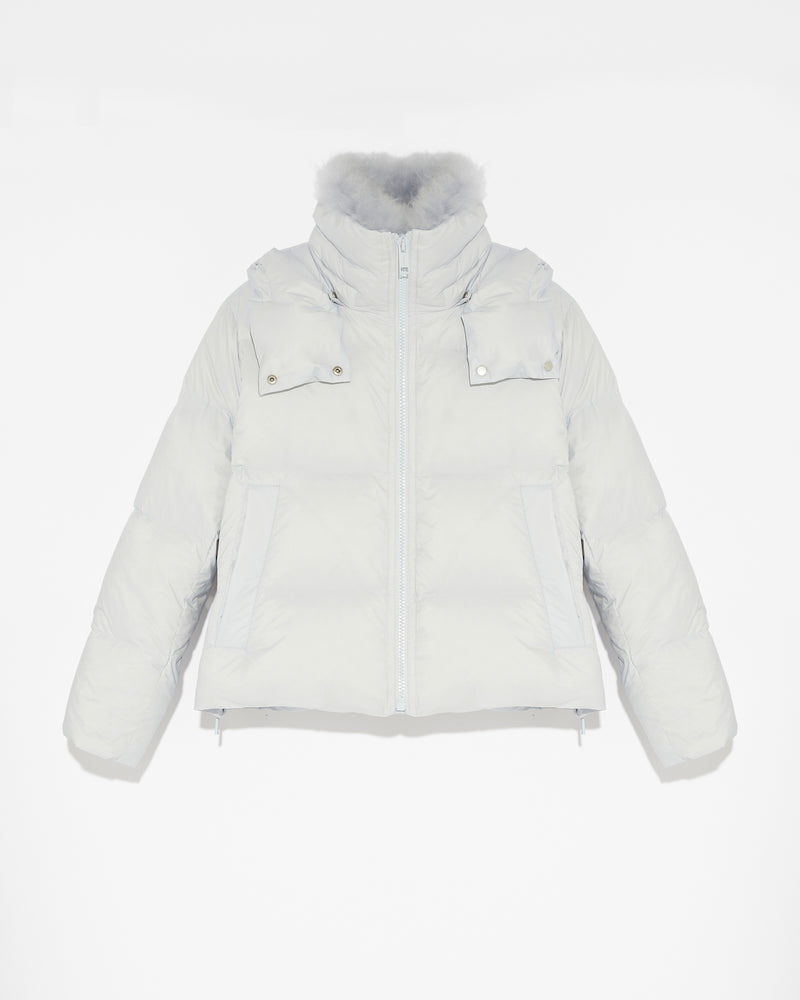 Short "A" line down jacket in water-repellent technical fabric with fluffy lambswool collar-Yves Salomon-Winter sale & boxing day
