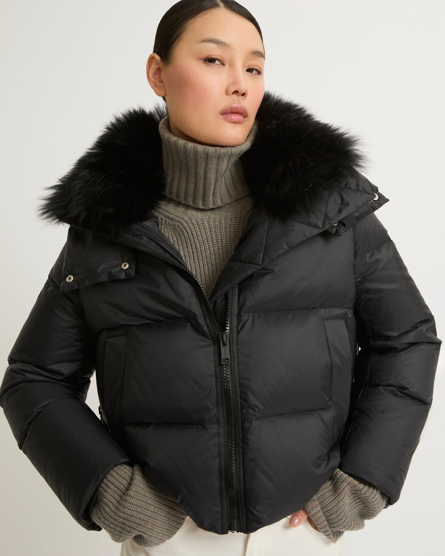 Short "A" line down jacket in water-repellent technical fabric with fluffy lambswool collar-Yves Salomon-Winter sale & boxing day