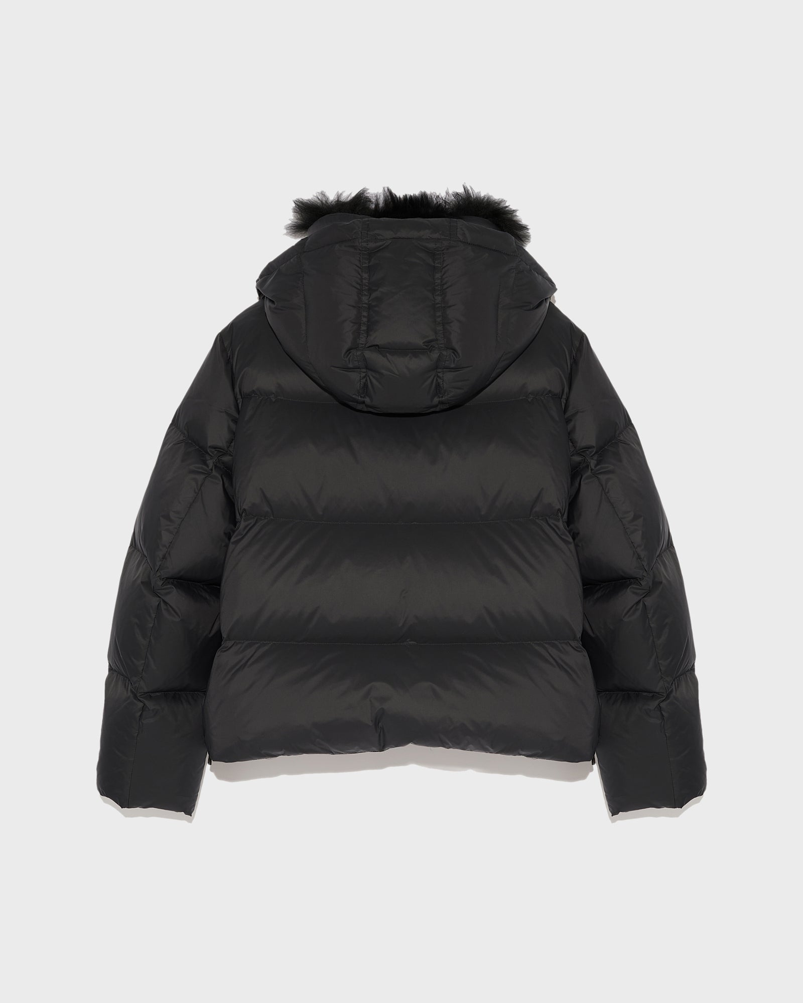 Short "A" line down jacket in water-repellent technical fabric with fluffy lambswool collar-Yves Salomon-Winter sale & boxing day