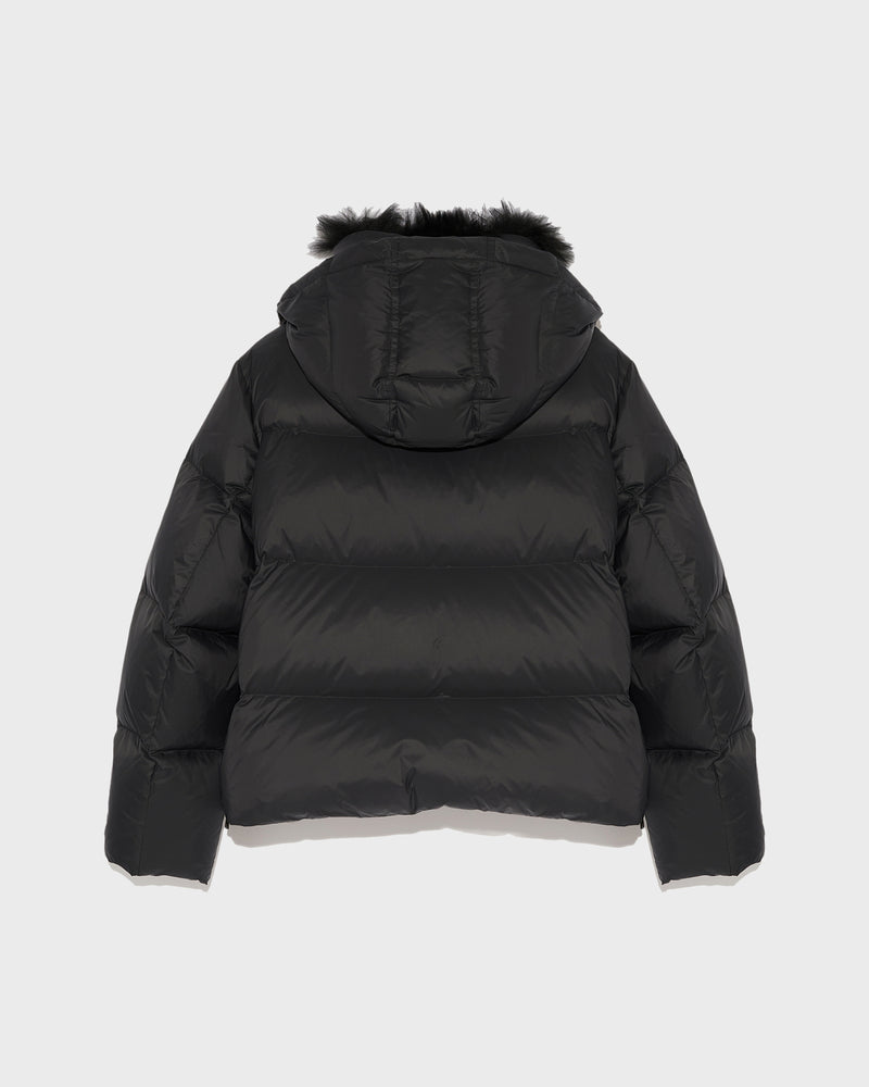 Short "A" line down jacket in water-repellent technical fabric with fluffy lambswool collar-Yves Salomon-Winter sale & boxing day