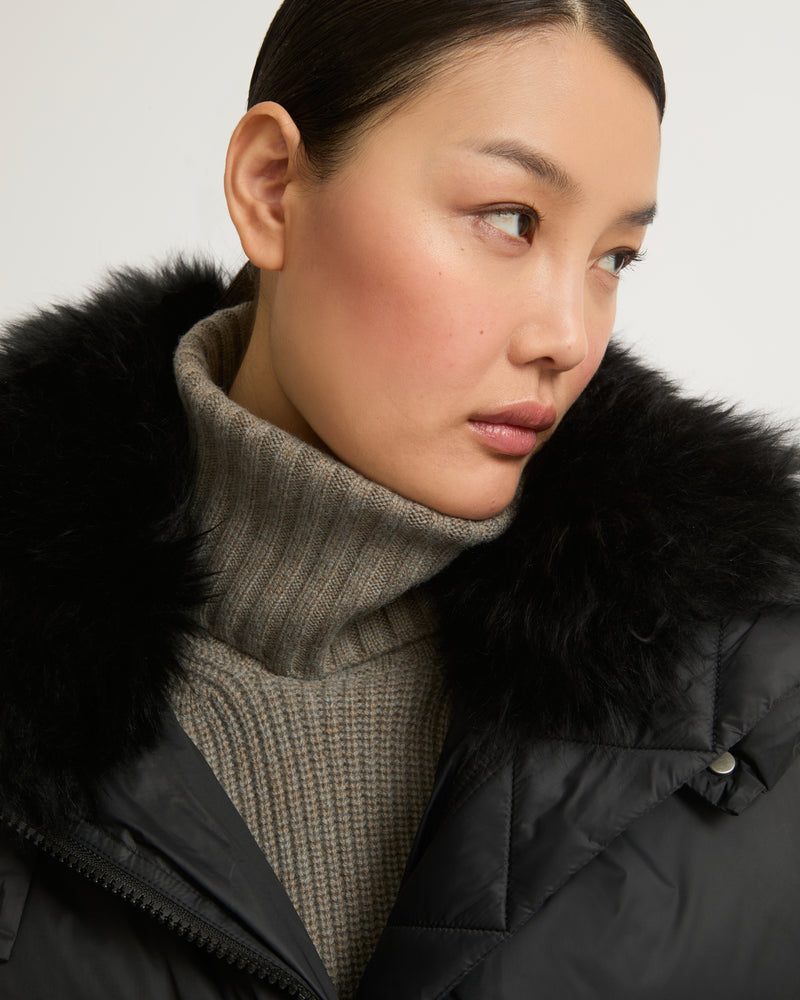 Short "A" line down jacket in water-repellent technical fabric with fluffy lambswool collar-Yves Salomon-Winter sale & boxing day