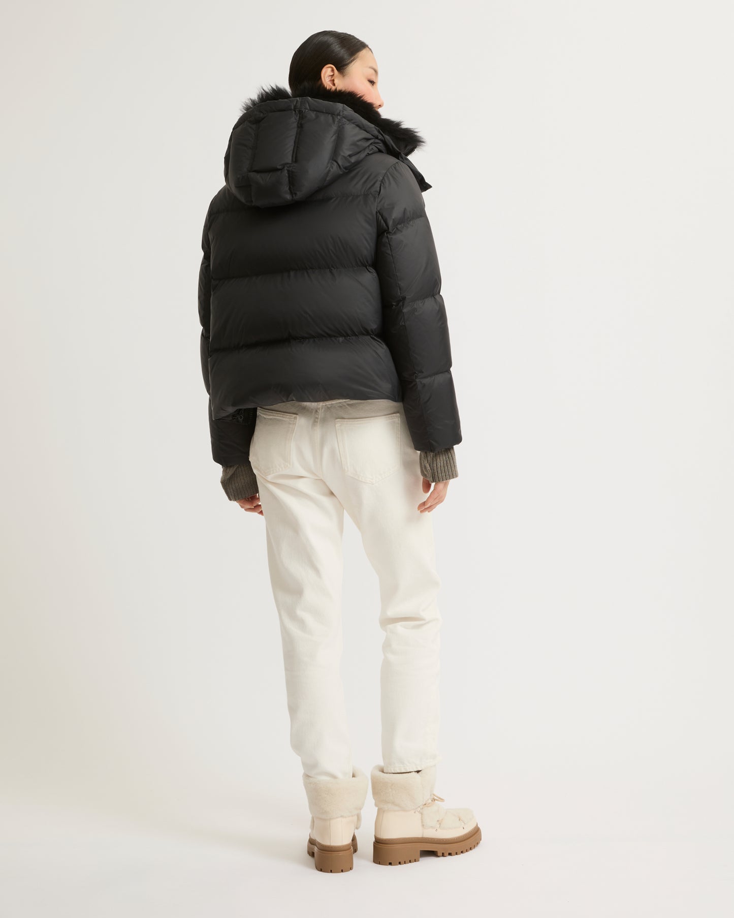 Short "A" line down jacket in water-repellent technical fabric with fluffy lambswool collar-Yves Salomon-Winter sale & boxing day