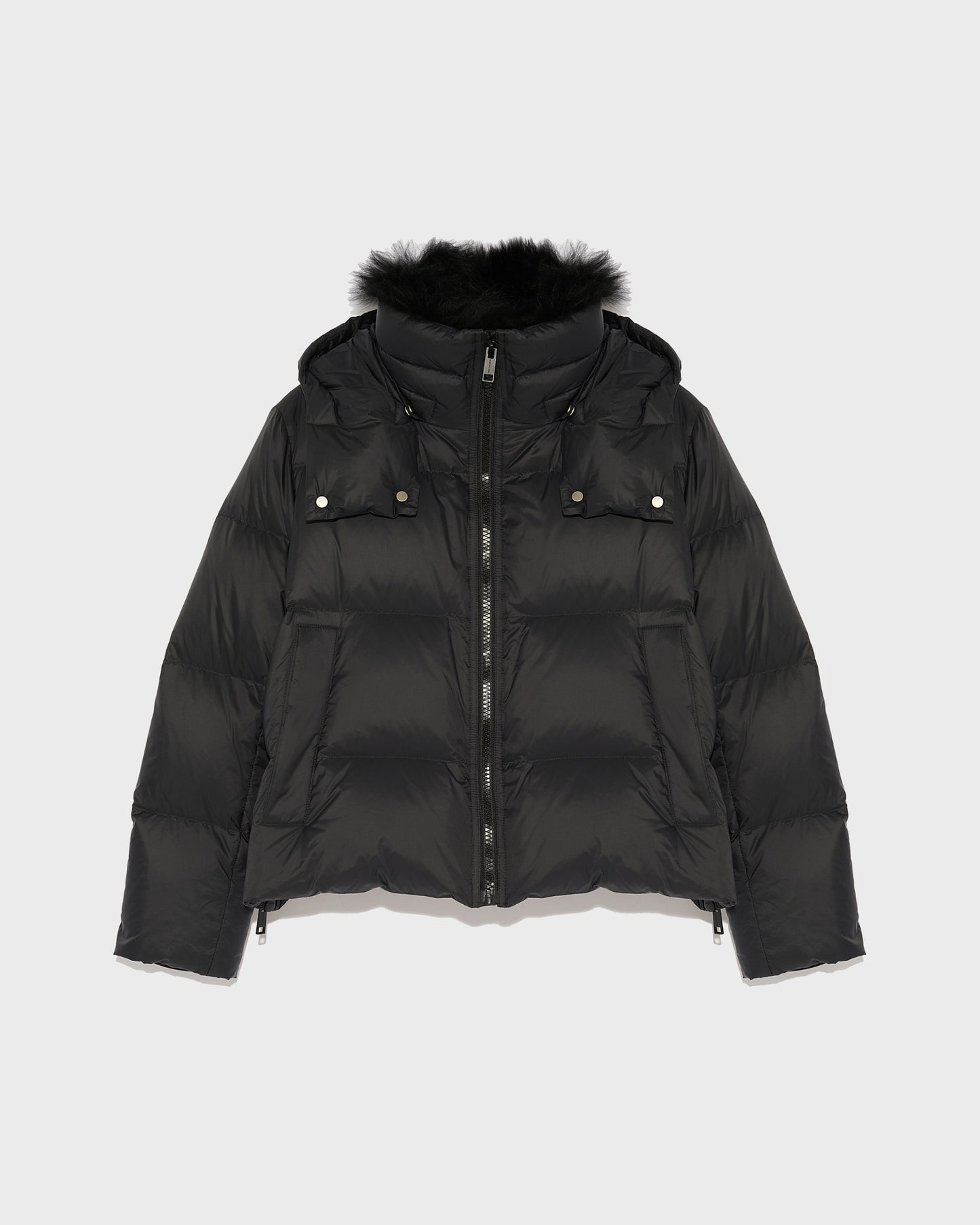 Short "A" line down jacket in water-repellent technical fabric with fluffy lambswool collar-Yves Salomon-Winter sale & boxing day