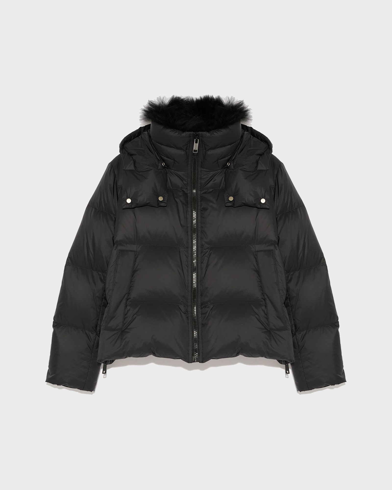 Short "A" line down jacket in water-repellent technical fabric with fluffy lambswool collar-Yves Salomon-Winter sale & boxing day