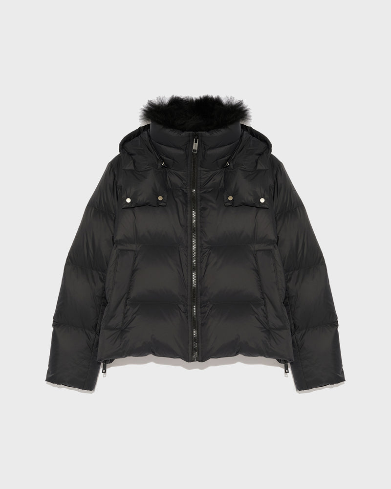 Short "A" line down jacket in water-repellent technical fabric with fluffy lambswool collar-Yves Salomon-Winter sale & boxing day