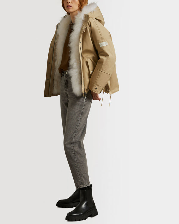 Cropped reversible parka in weather-resistant technical fabric and fluffy lambswool