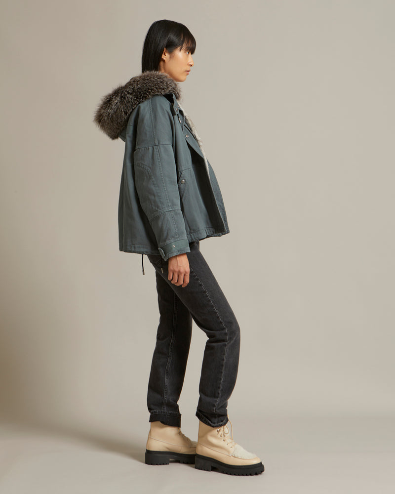 Cropped parka in cotton gabardine with fox and rabbit fur