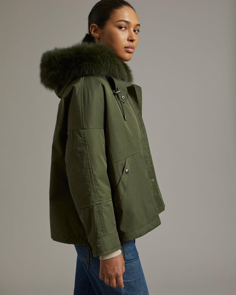 Cropped parka in waterproof technical fabric with fox and rabbit fur - khaki - Yves Salomon