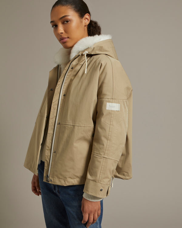 Cropped parka in waterproof technical fabric with fox and rabbit fur