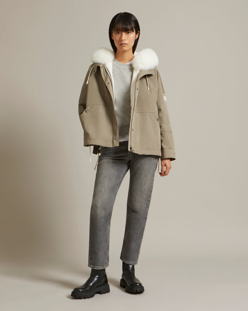 Cropped parka in waterproof technical fabric with fox and rabbit fur - khaki - Yves Salomon
