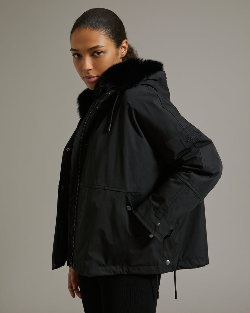Cropped parka in waterproof technical fabric with fox and rabbit fur - black - Yves Salomon