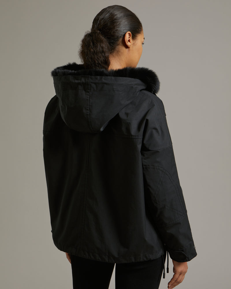 Cropped parka in waterproof technical fabric with fox and rabbit fur - black - Yves Salomon
