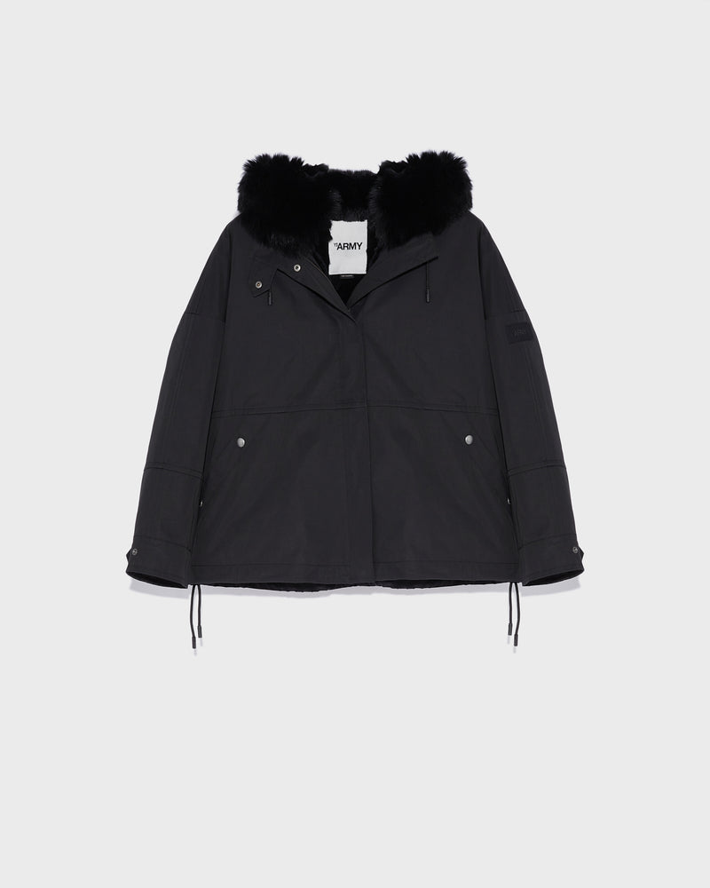 Cropped parka in waterproof technical fabric with fox and rabbit fur - black - Yves Salomon