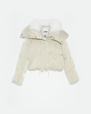 Cropped down jacket in a water-repellent glossy technical fabric with fluffy lambswool collar trim