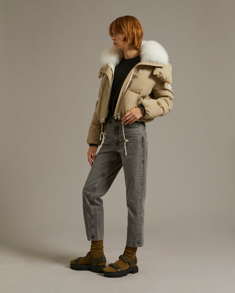Cropped down jacket in technical fabric with fox fur collar trim