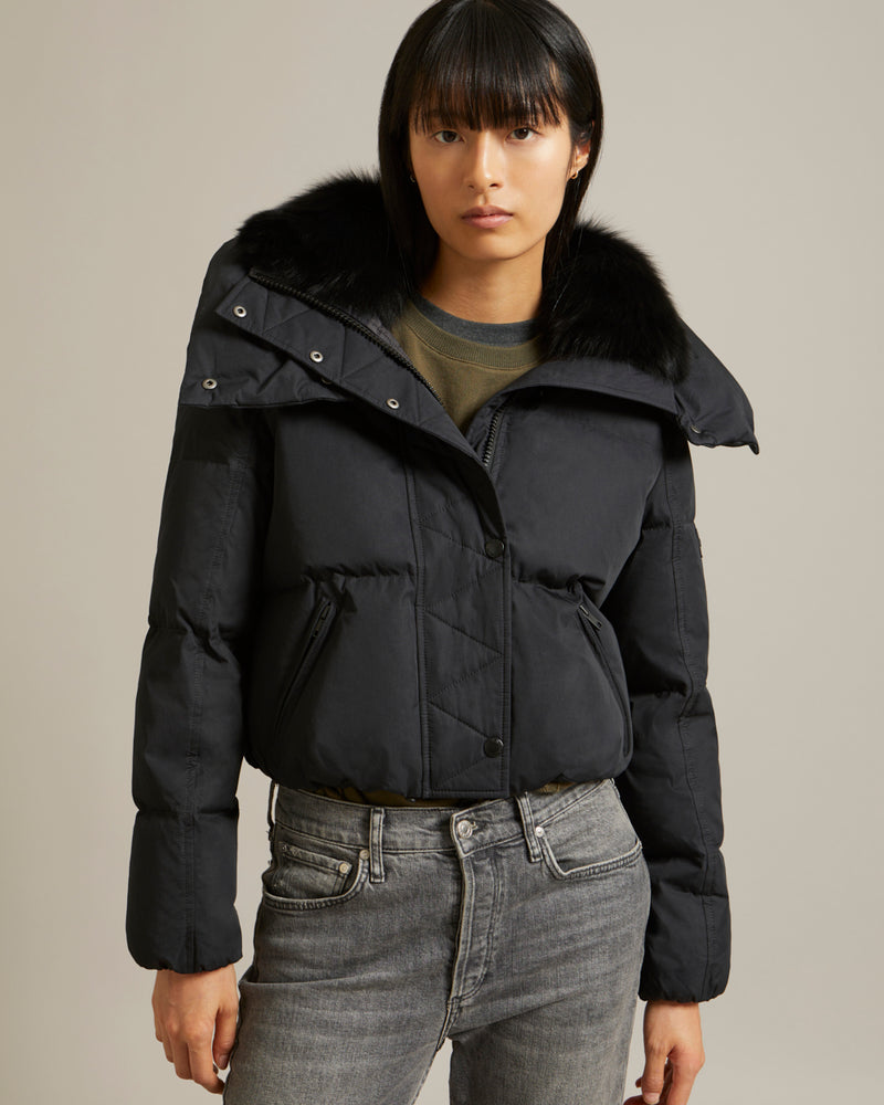 Cropped down jacket in technical fabric with fox fur collar trim
