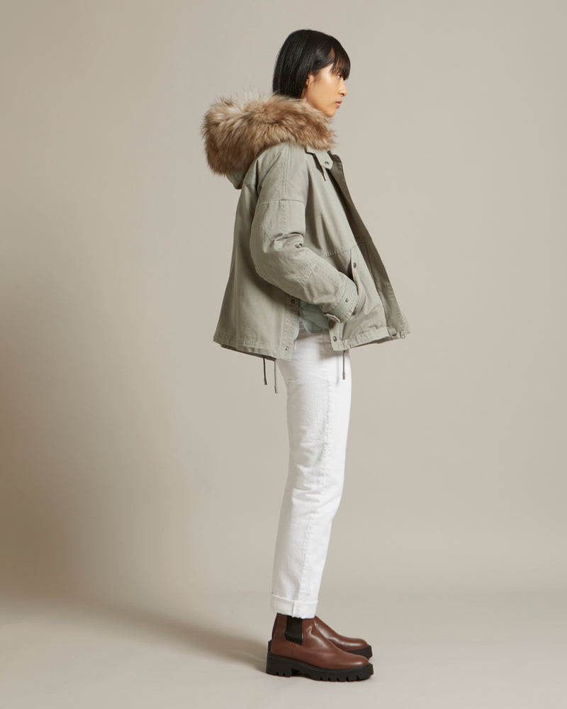 Cropped parka in cotton gabardine with fluffy lambswool hood trim