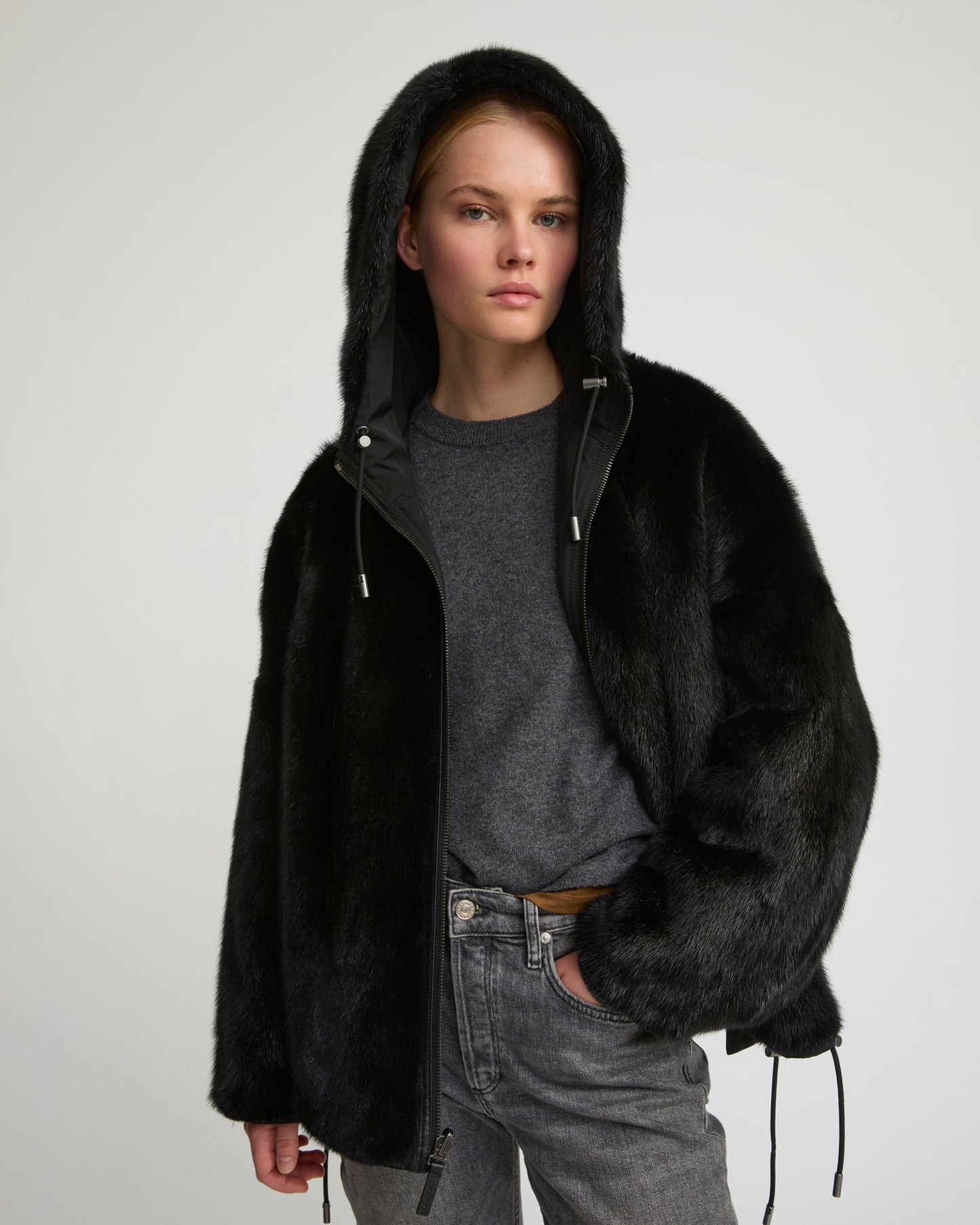 Short reversible parka in water-repellent technical fabric and long-haired mink fur -Yves Salomon