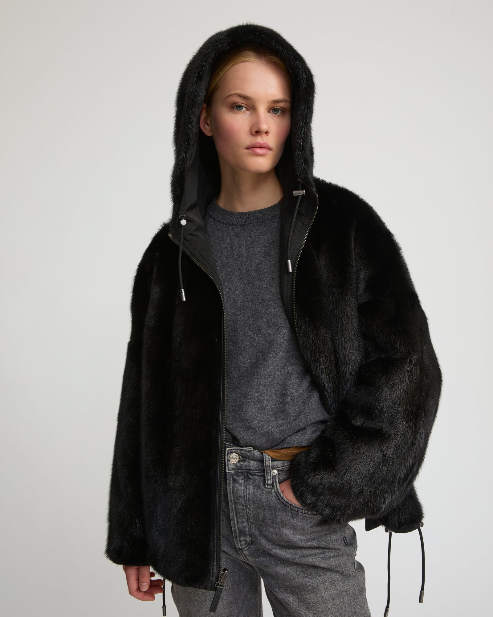 Short reversible parka in water-repellent technical fabric and long-haired mink fur -Yves Salomon