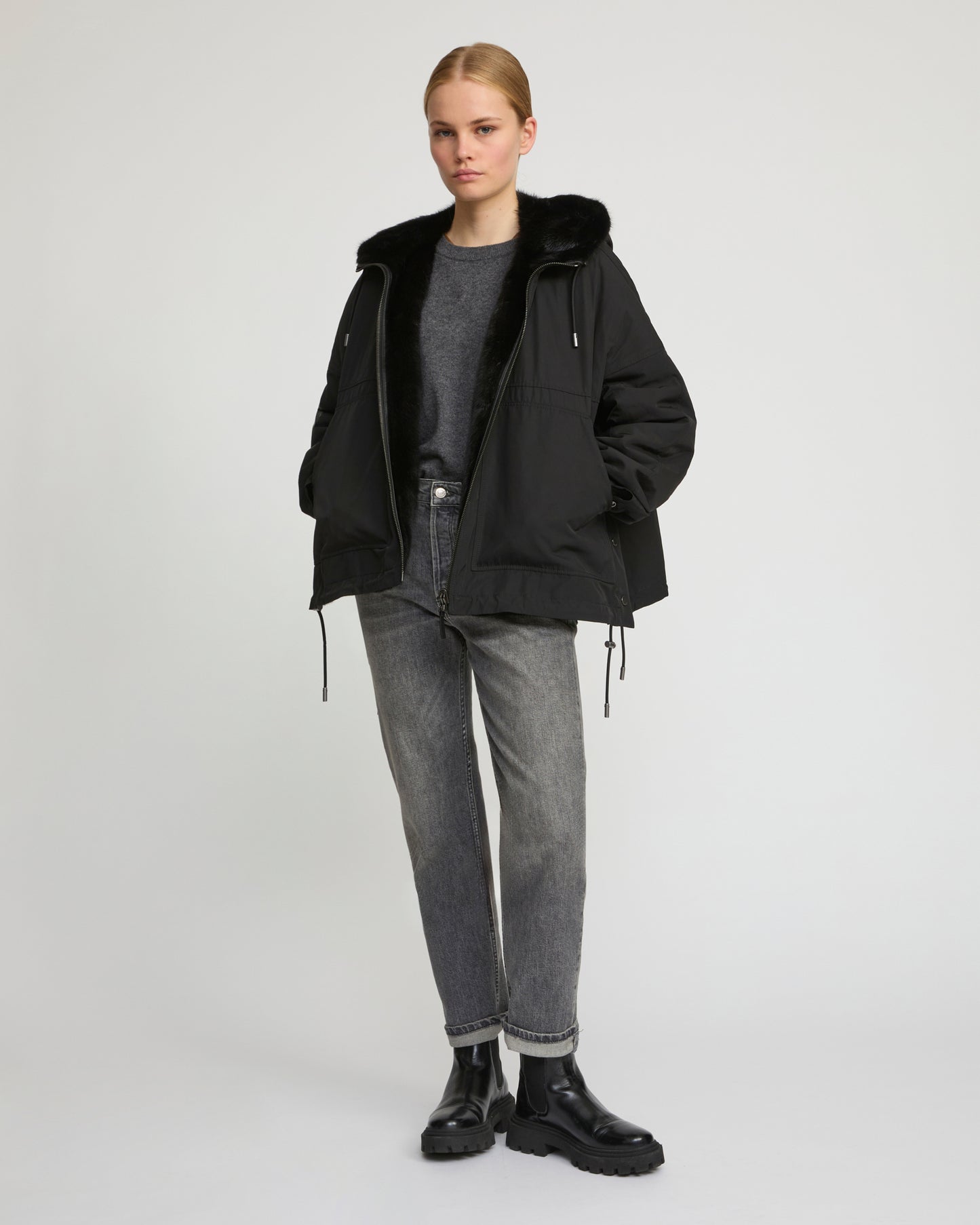 Short reversible parka in water-repellent technical fabric and long-haired mink fur -Yves Salomon