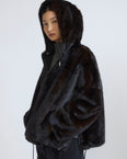 Short reversible water-repellent technical fabric jacket with mink fur