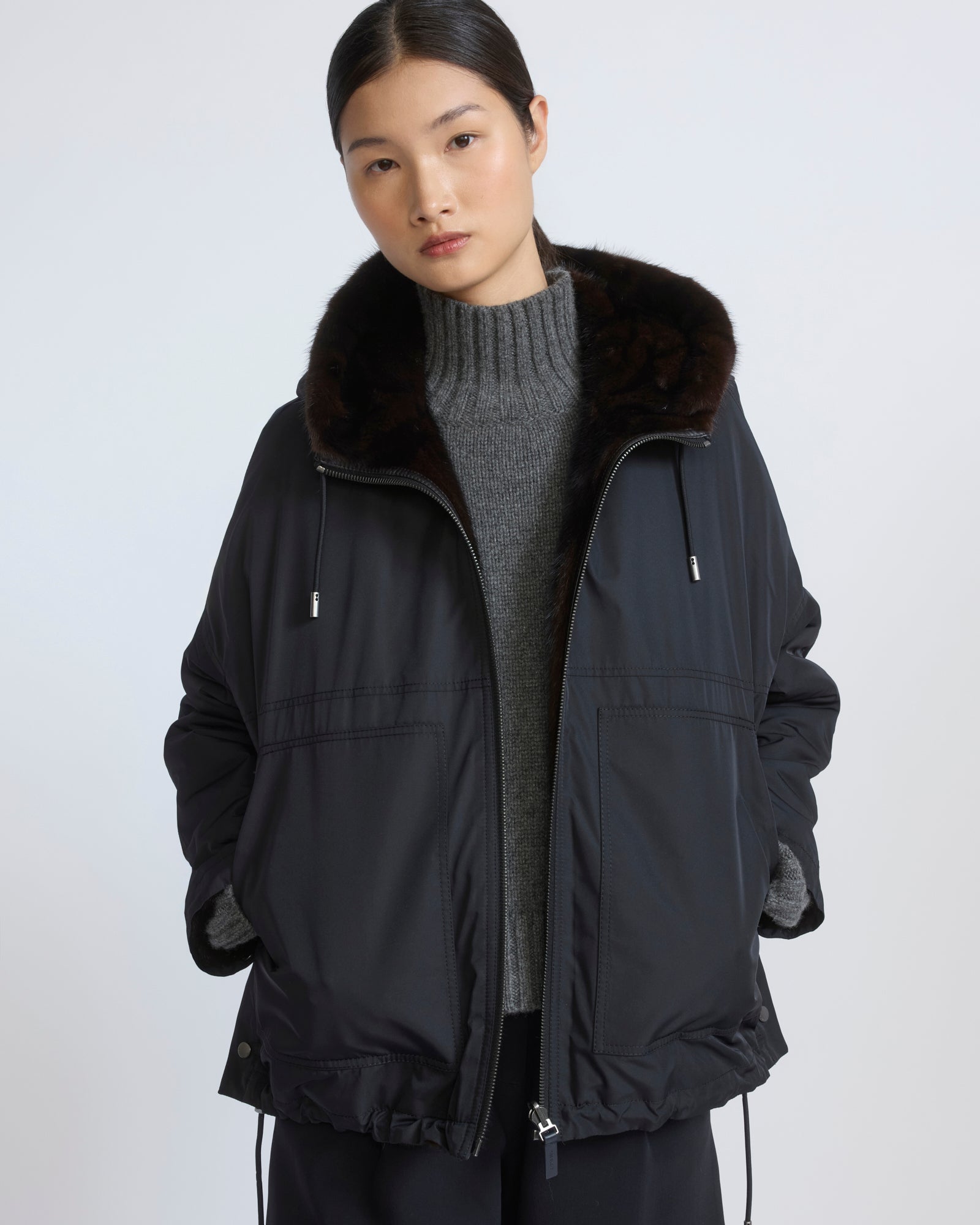 Short reversible water-repellent technical fabric jacket with mink fur - Yves Salomon - New Fall/Winter Collection