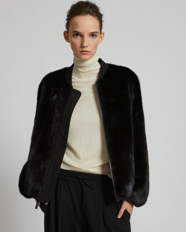 Reversible bomber jacket in water-repellent technical fabric and long-haired mink - black - Yves Salomon