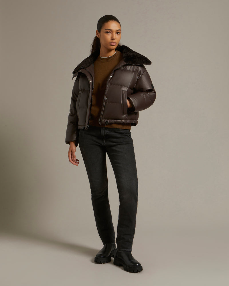 Down jacket in lamb leather with shearling collar