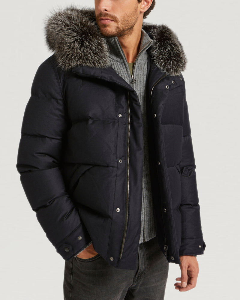 Hooded Down Jacket made with waterproof Loro Piana fabric and fox fur trim
