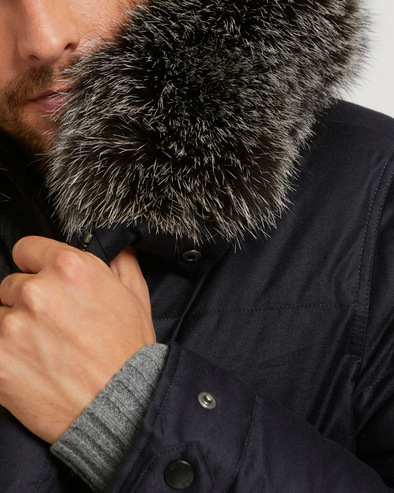 Hooded Down Jacket made with waterproof Loro Piana fabric and fox fur trim
