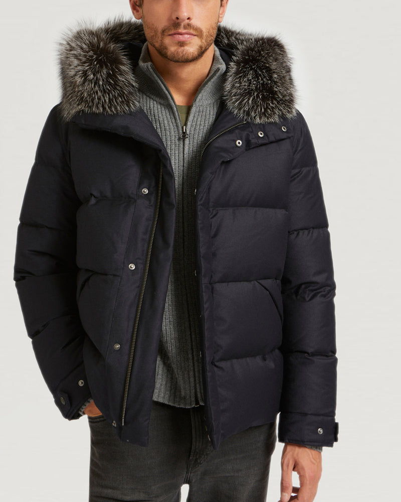 Loro Piana Fabric Down Jacket With Fox Fur Trim - navy - Yves Salomon