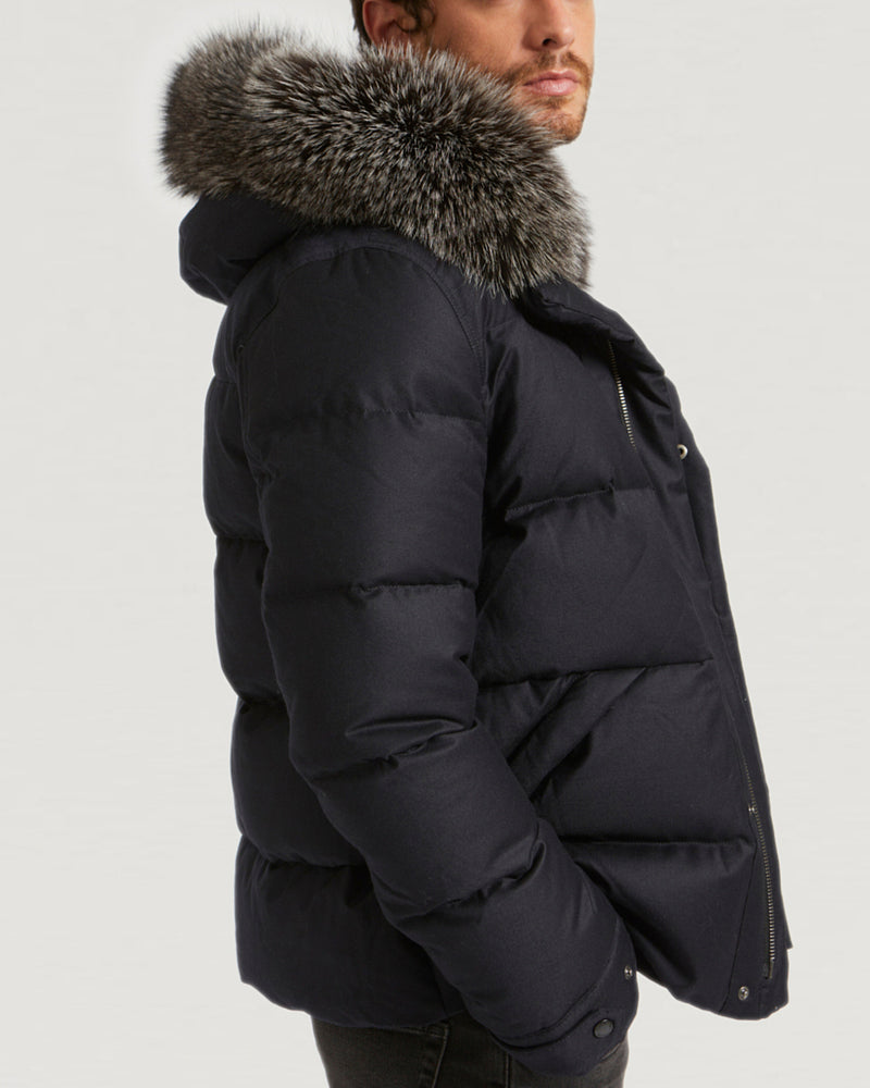 Hooded Down Jacket made with waterproof Loro Piana fabric and fox fur trim