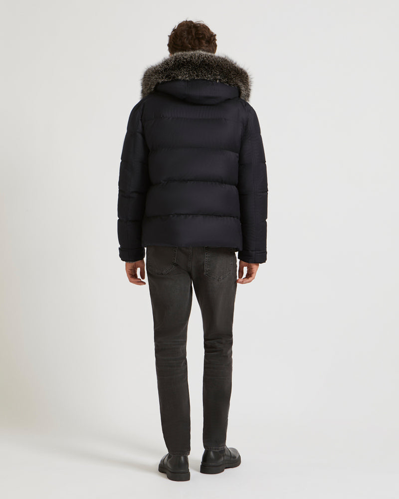 Hooded Down Jacket made with waterproof Loro Piana fabric and fox fur trim
