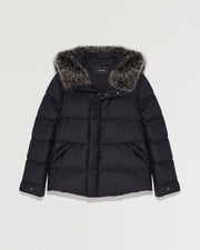 Hooded Down Jacket made with waterproof Loro Piana fabric and fox fur trim