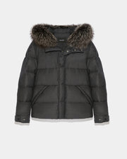 Hooded Down Jacket made with waterproof Loro Piana fabric and fox fur trim