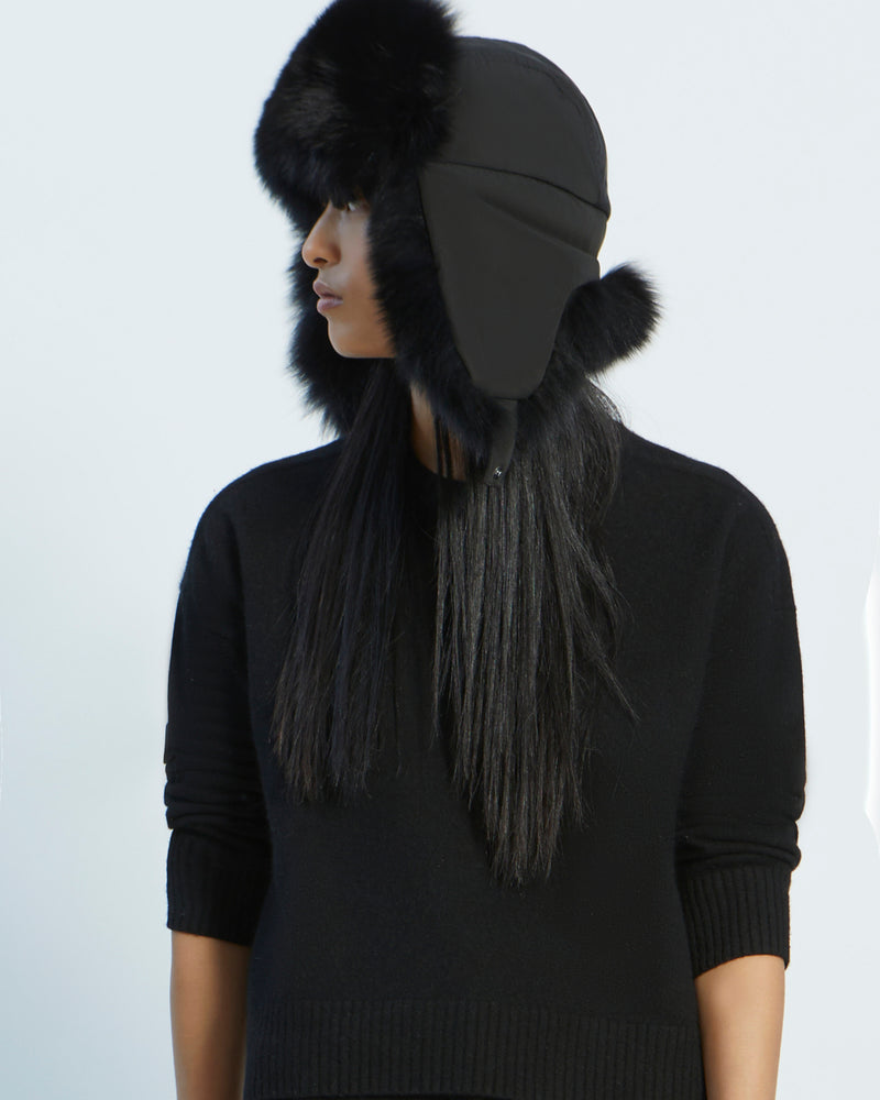 Technical fabric ushanka with fox fur