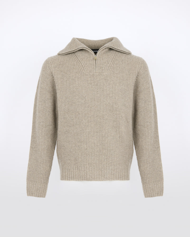 Zip-front cashmere wool trucker collar sweater