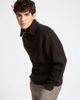 Zip-front cashmere wool trucker collar sweater
