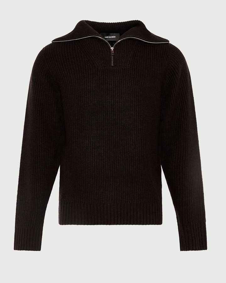 Zip-front cashmere wool trucker collar sweater