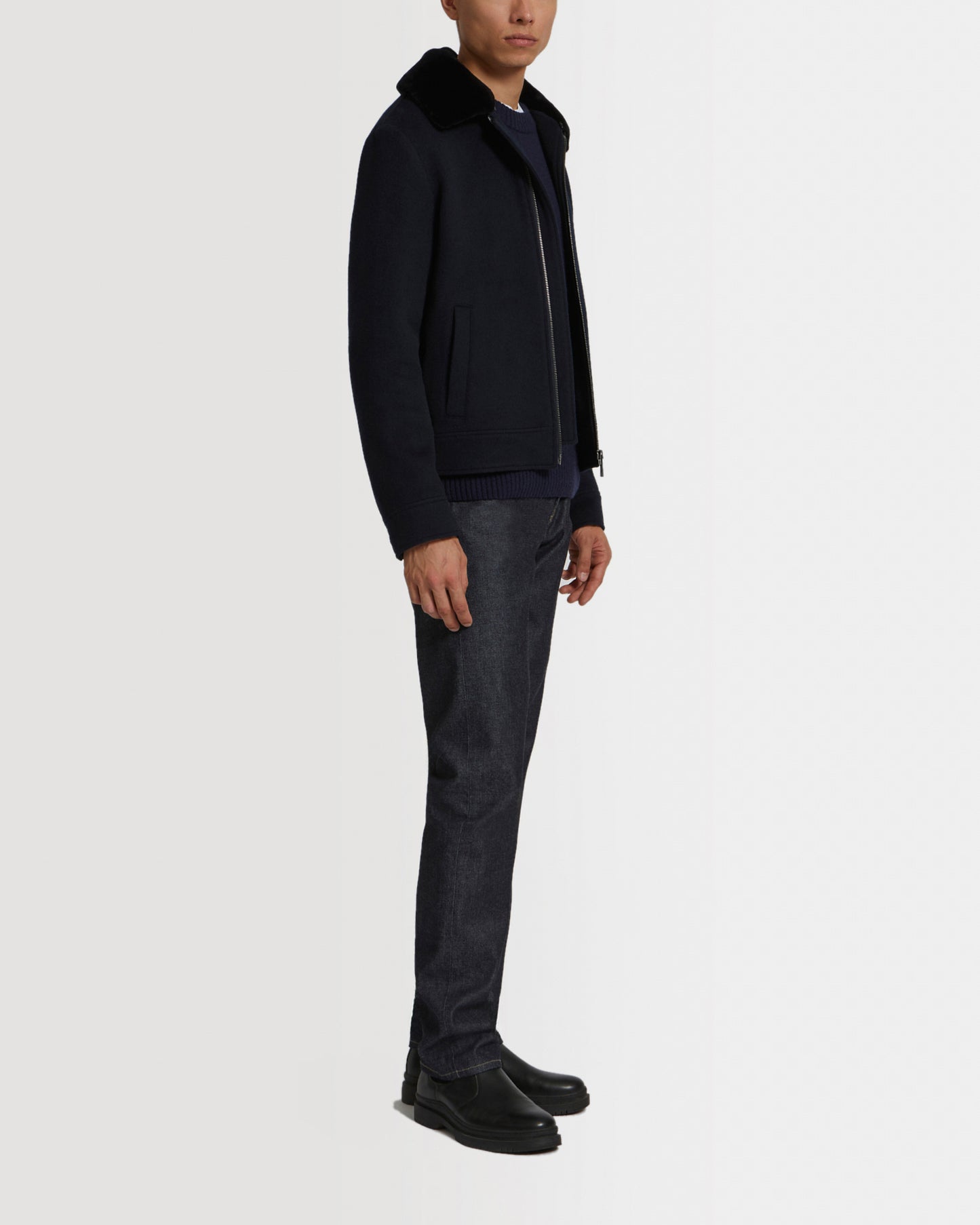 Double-Sided Wool-Cashmere Fabric Zipped Jacket With Mink Collar