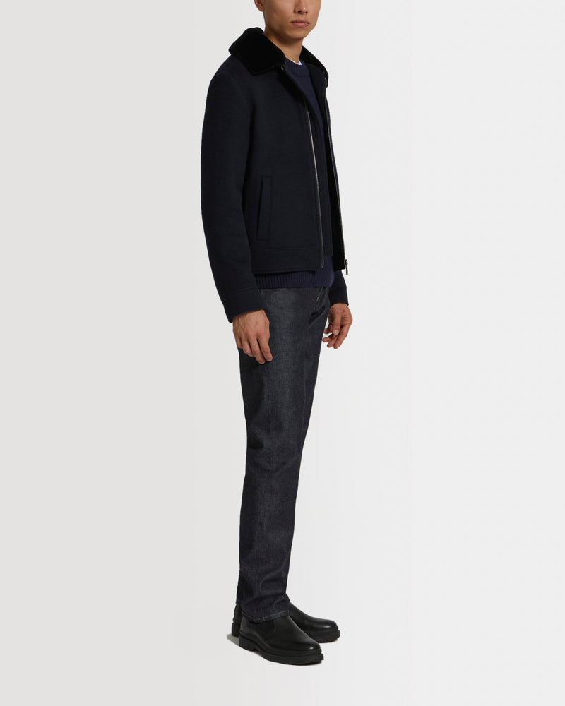 Double-Sided Wool-Cashmere Fabric Zipped Jacket With Mink Collar