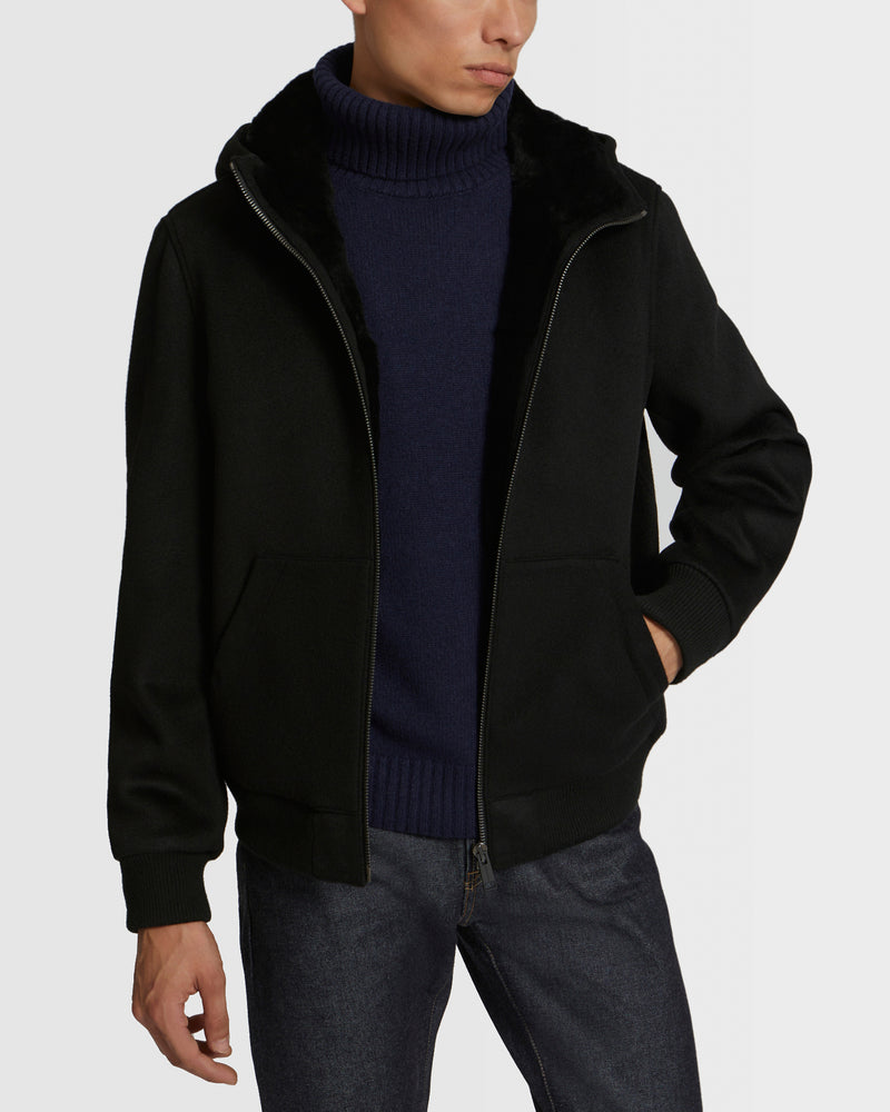 Double-Sided Wool-Cashmere Fabric Hoodie With Shearling Lining