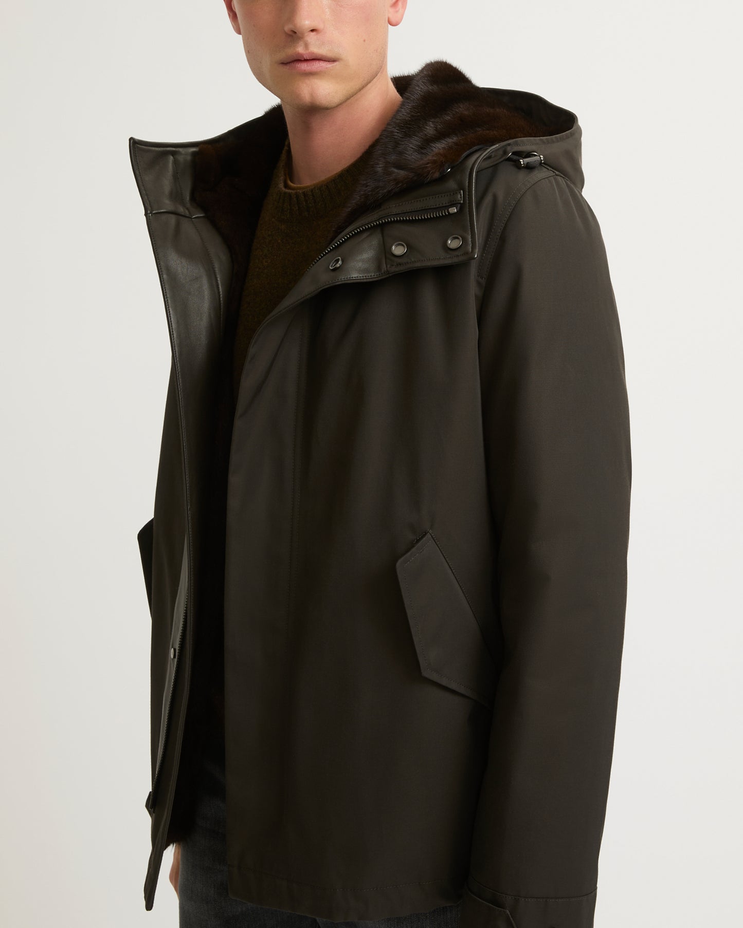 Fitted Parka In waterproof Technical Gabardine And Mink fur