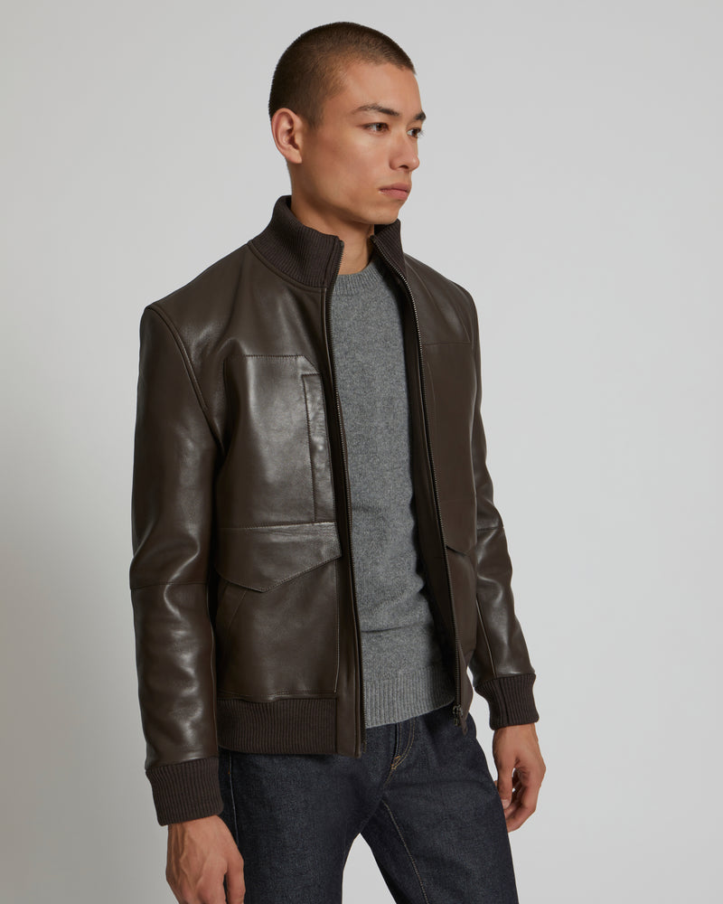 Leather Blouson With Knit Collar - brown - Yves Salomon